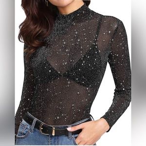 NWT Black Sheer Long Sleeve Glitter Blouse